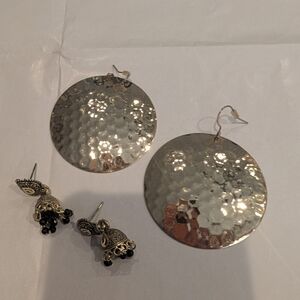 Hammered Disc Drop Earrings - Silver Tone